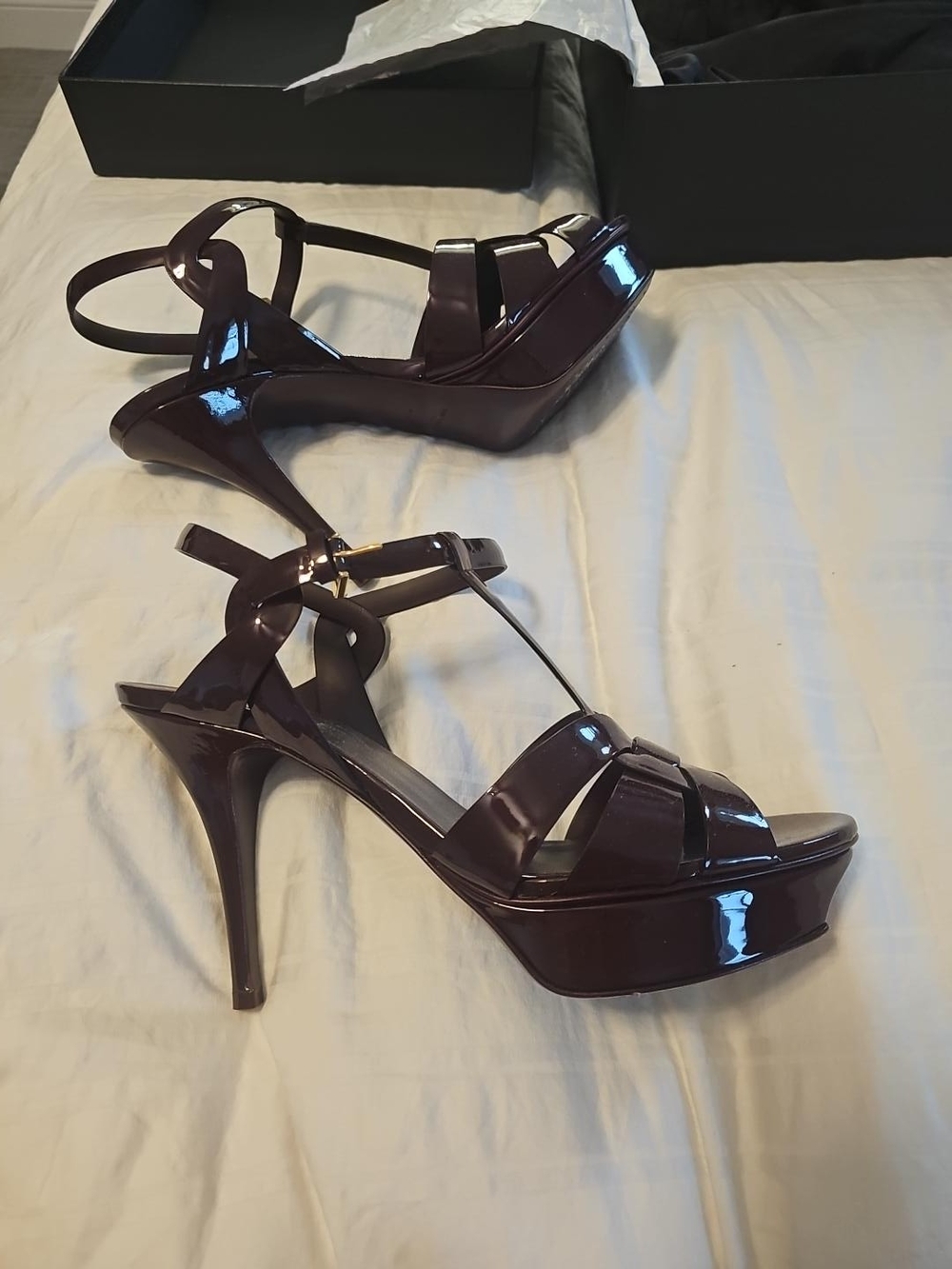 Saint Laurent Patent Leather Platform High Heel Sandals in Deep Plum Worn Once
